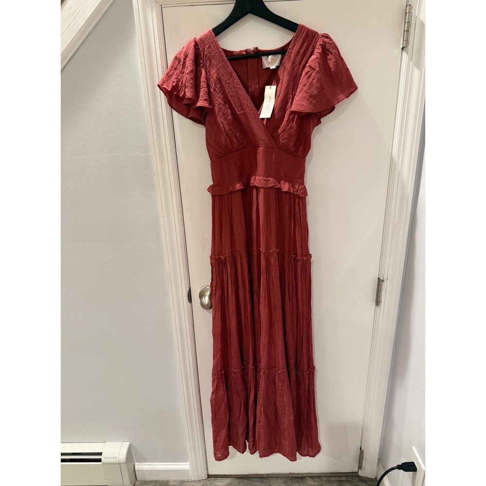 Audrey Parks Francescas Melania Tiered Maxi Dress Rust Boho Flutter Sleeve NWT